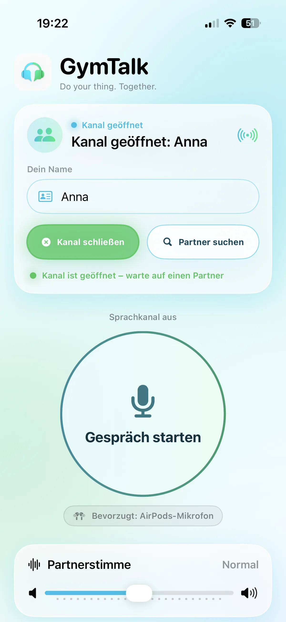 GymTalk Talk-Bildschirm: Kanal geöffnet für Anna, Gespräch starten, Partnerstimme