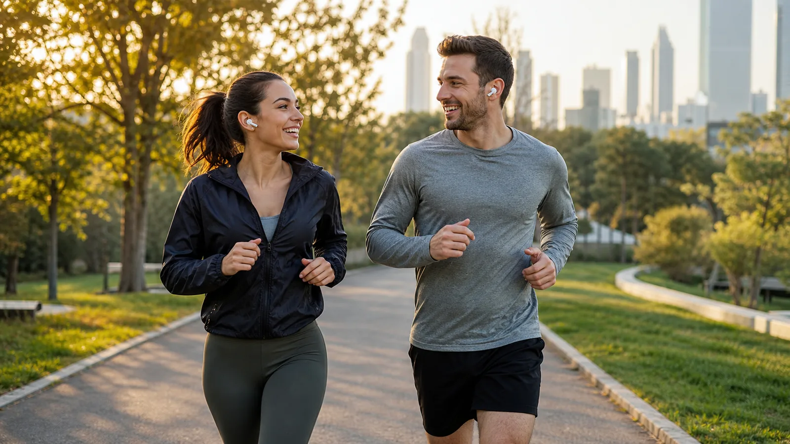 Zwei Läufer mit AirPods unterhalten sich beim Joggen im Park